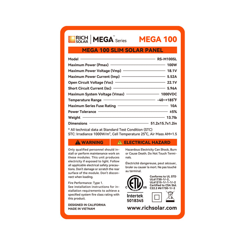 MEGA 100 SLIM | 100 Watt Slim Solar Panel | Compact 12V Off-Grid Narrow Solar Panel for Campers, Overlanders, Boats | 25-Year Output Warranty | UL Certified