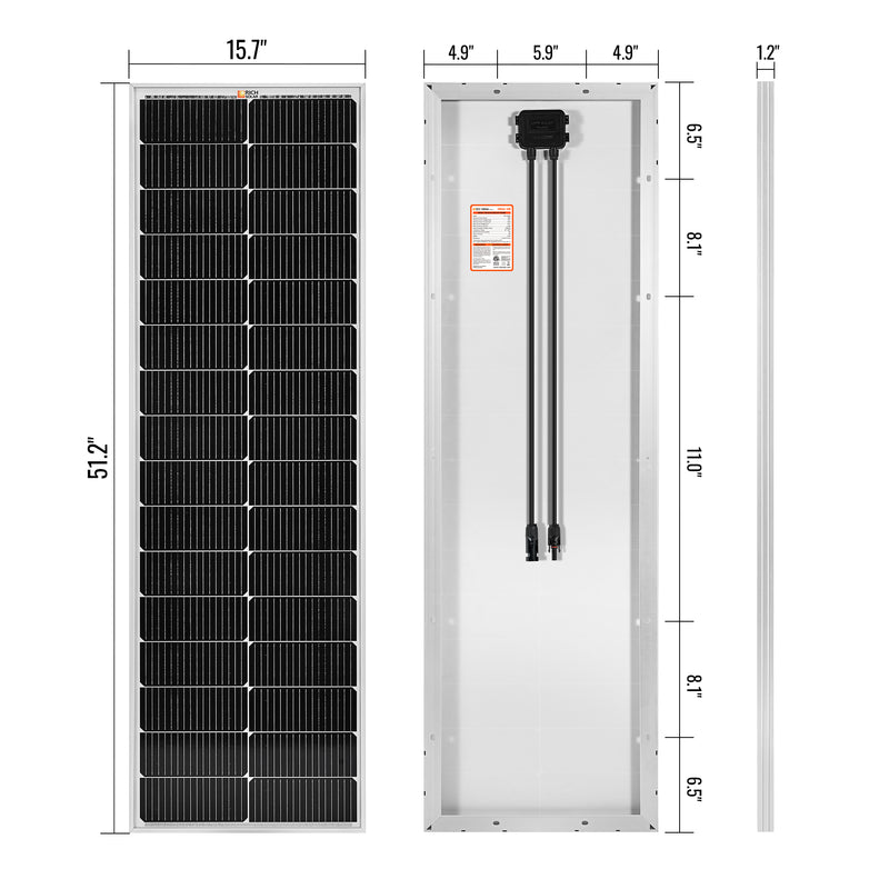 MEGA 100 SLIM | 100 Watt Slim Solar Panel | Compact 12V Off-Grid Narrow Solar Panel for Campers, Overlanders, Boats | 25-Year Output Warranty | UL Certified