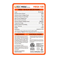 MEGA 130 SLIM | 130 Watt Slim Solar Panel | Compact 12V Narrow Panel for Vans, Campers, Boats | UL Certified BACKORDER