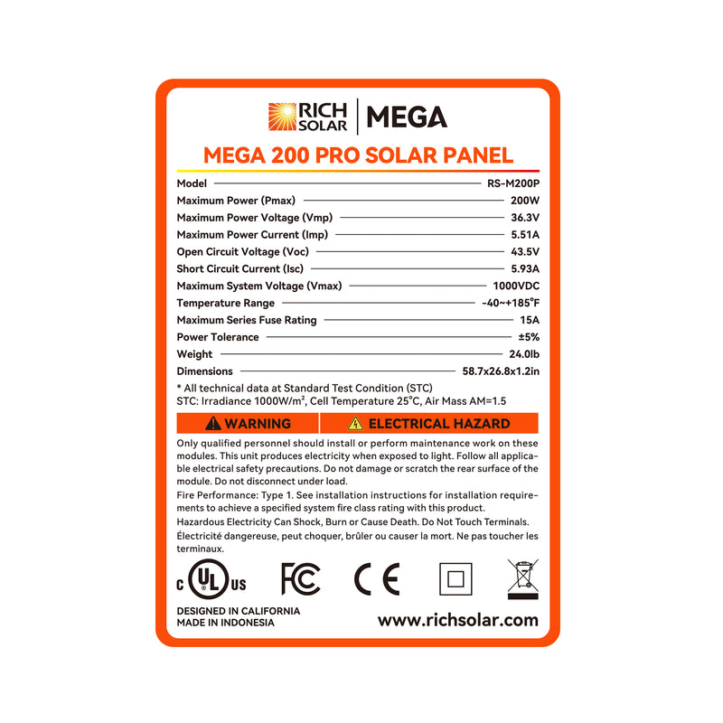 MEGA 200 PRO | 200 Watt 24 Volt Solar Panel | Premium 24V Off-Grid Solar Panel for RVs, Trailers, Cabins | 25-Year Output Warranty | UL Certified