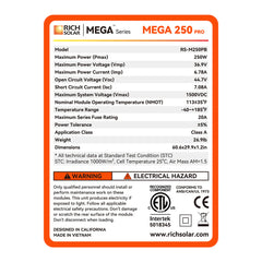 MEGA 250 PRO or Pro Onyx | 250 Watt 24 Volt Solar Panel | Premium 24V Off-Grid Solar Panel for Campers, Tiny Homes, Cabins | 25-Year Output Warranty | UL Certified