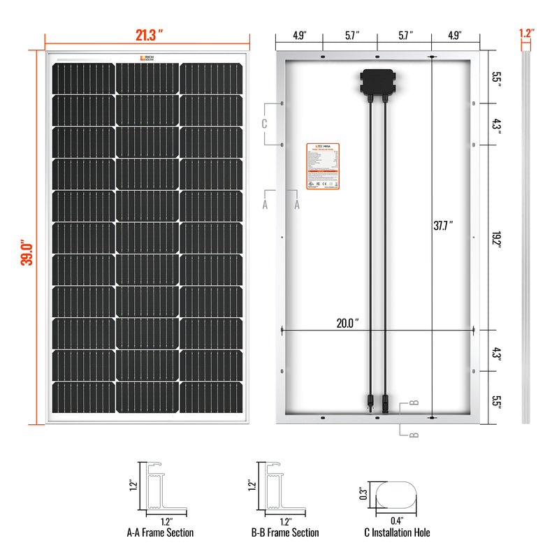 MEGA 100 | 100 Watt Solar Panel | Premier 12V Off-Grid Solar Panel for Vans, Campers, Boats | 25-Year Output Warranty | UL Certified