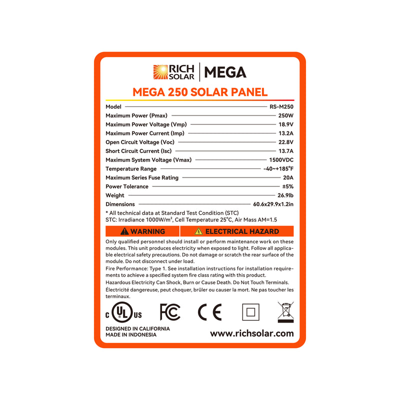 MEGA 250 | 250 Watt Solar Panel | Premier 12V Off-Grid Solar Panel for RVs, Vans, Boats | 25-Year Output Warranty | UL Certified
